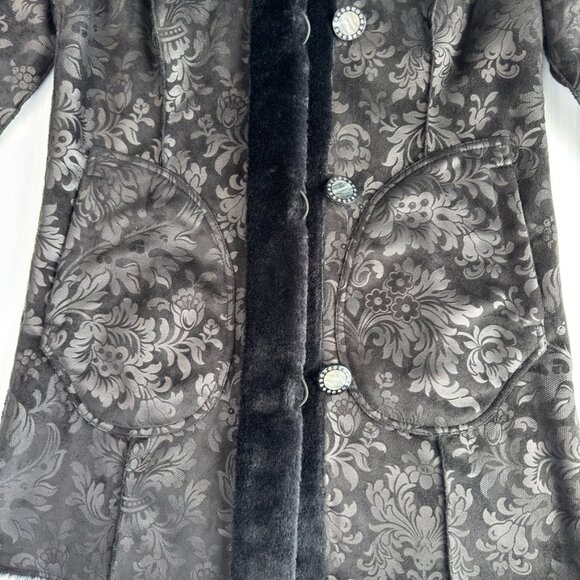 ADELAQUEEN Metallic Jacquard Coat XS Black Reversible Brocade Faux Fur Trim NWOT - Picture 8 of 15